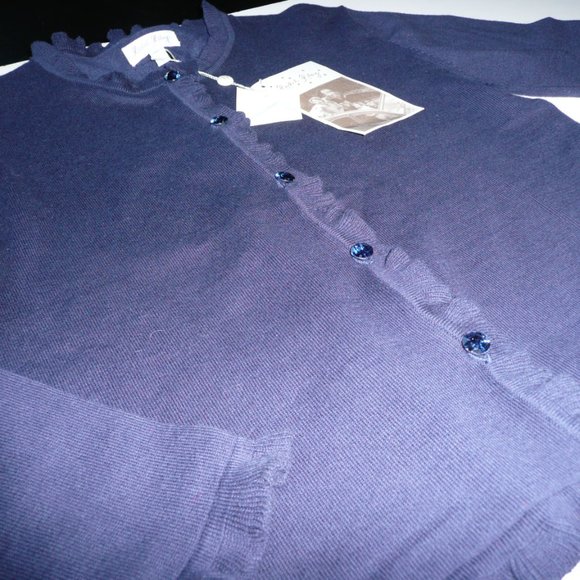 Rachel Riley Girl SZ 12 Ruffled Edge Cardigan Navy Blue Sweater Sparkle Buttons - Picture 7 of 9